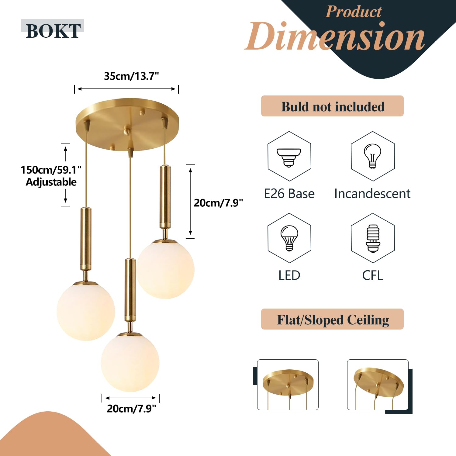 Bokt Modern 3 Light Cluster Pendant Lights Kitchen Island Mid Century Adjustable Brushed Gold Globe Chandelier Pendant Light Fix