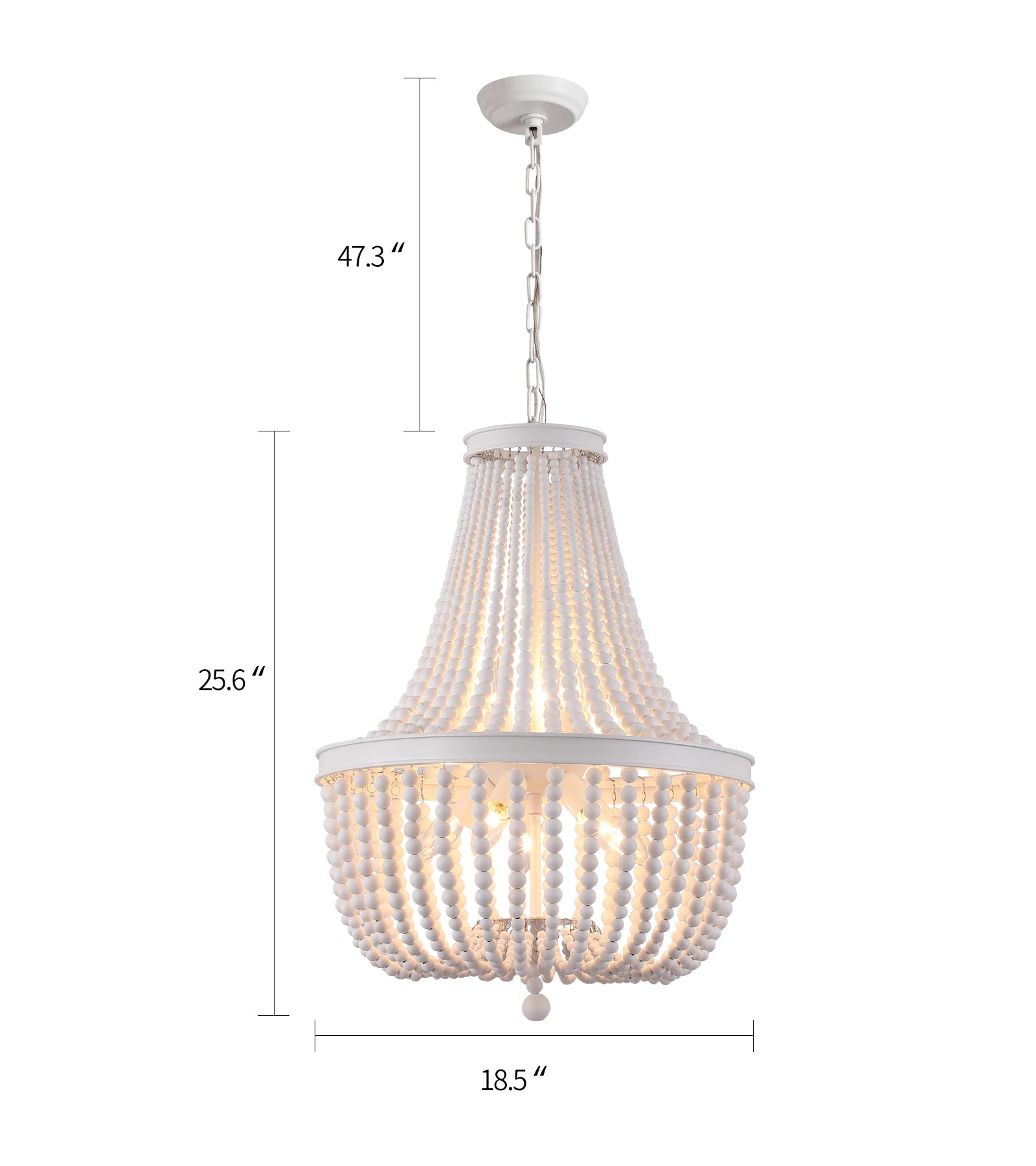 Q&S 8-Light Beaded Chandelier, White Wood & Iron, Vintage Boho Light Fixture for Dining Room, Nursery, Kitchen, UL Listed