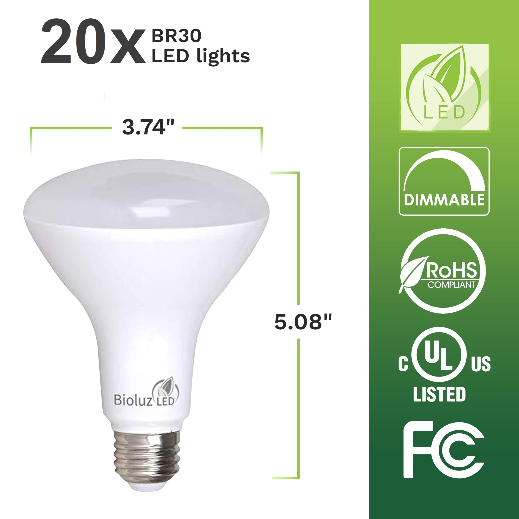 Bioluz Led 20 Pack Br30 Led Bulbs, Indoor Flood Lights 90+ Cri 75W Equivalent Uses 9.5W 5000K Daylight 850 Lumens, E26 Base Dimm