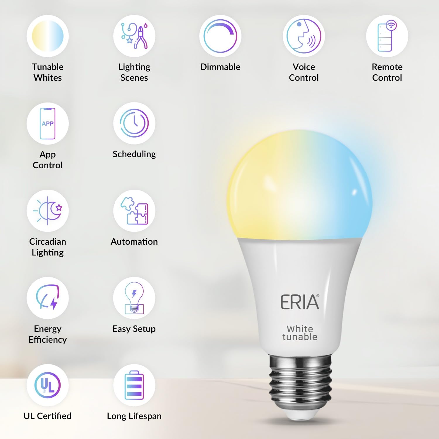 Eria Smart Light Bulbs, A19 Zigbee, Tunable White 800 Lumens, Works, Hue*, Smartthings, Ha, Amazon Echo (4Th Gen), Alexa, Ha, Go