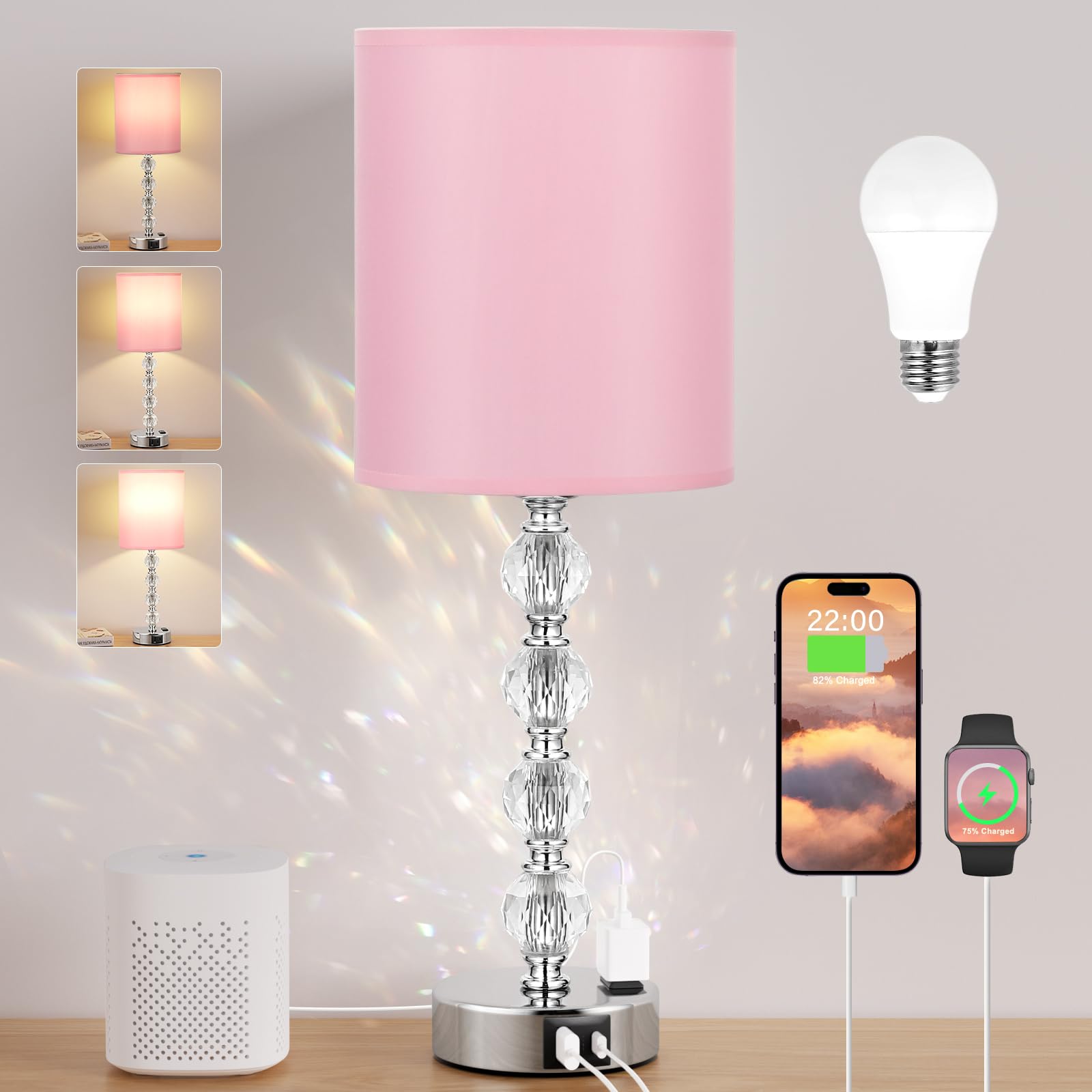 Acaxin Touch Bedside Crystal Lamp, 3-Way Dimmable, 18.5in, USB C+A Charging Port, AC Outlet, Pink, Model ACA-TL-Mini4