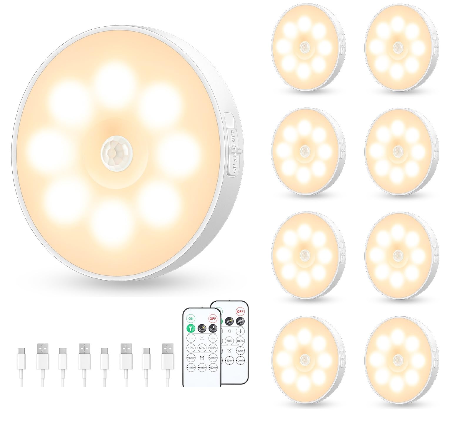 YLXS Motion Sensor Puck Light, Wireless Dimmable Under Cabinet Lighting, 8 Pack, Warm White, Rechargeable, Magnetic