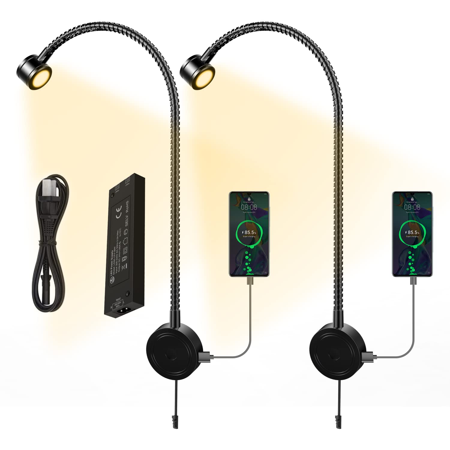 VST Bed Reading Lights for Headboard, Bedside Wall Mounted Reading Lamp, Reading Light Touch to Adjust Brightness with USB/Type-