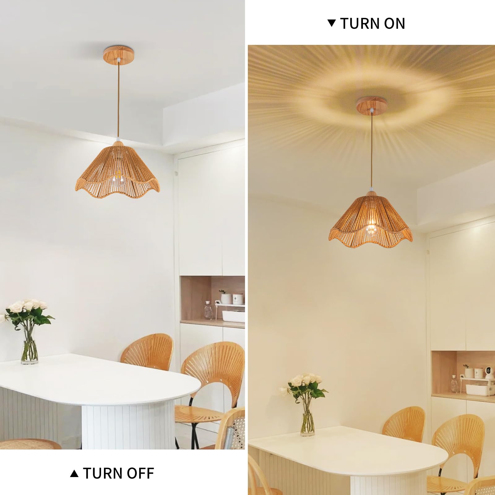Zswanbei Boho Rattan Pendant Light - D12.5" Woven Chandelier for Bedroom, Hallway, Kitchen - Brown, Model WBRattanXD001