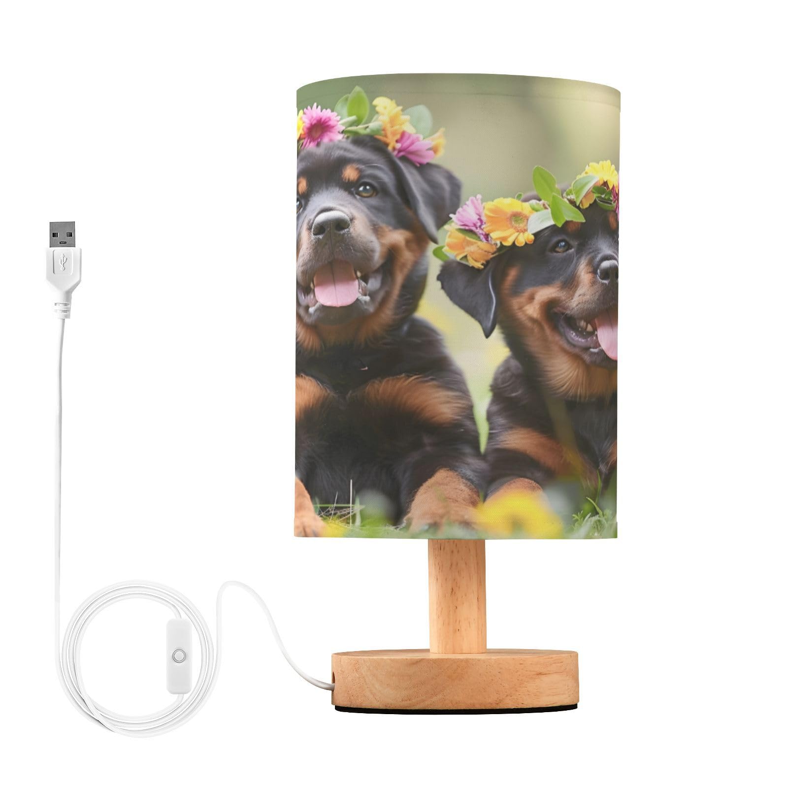 BOENLE Bedside Lamp Rottweiler Dog Puppy Table Lamp for Bedroom LED Nightstand Lamp Shade USB Ports Wood Base for Living Room Do