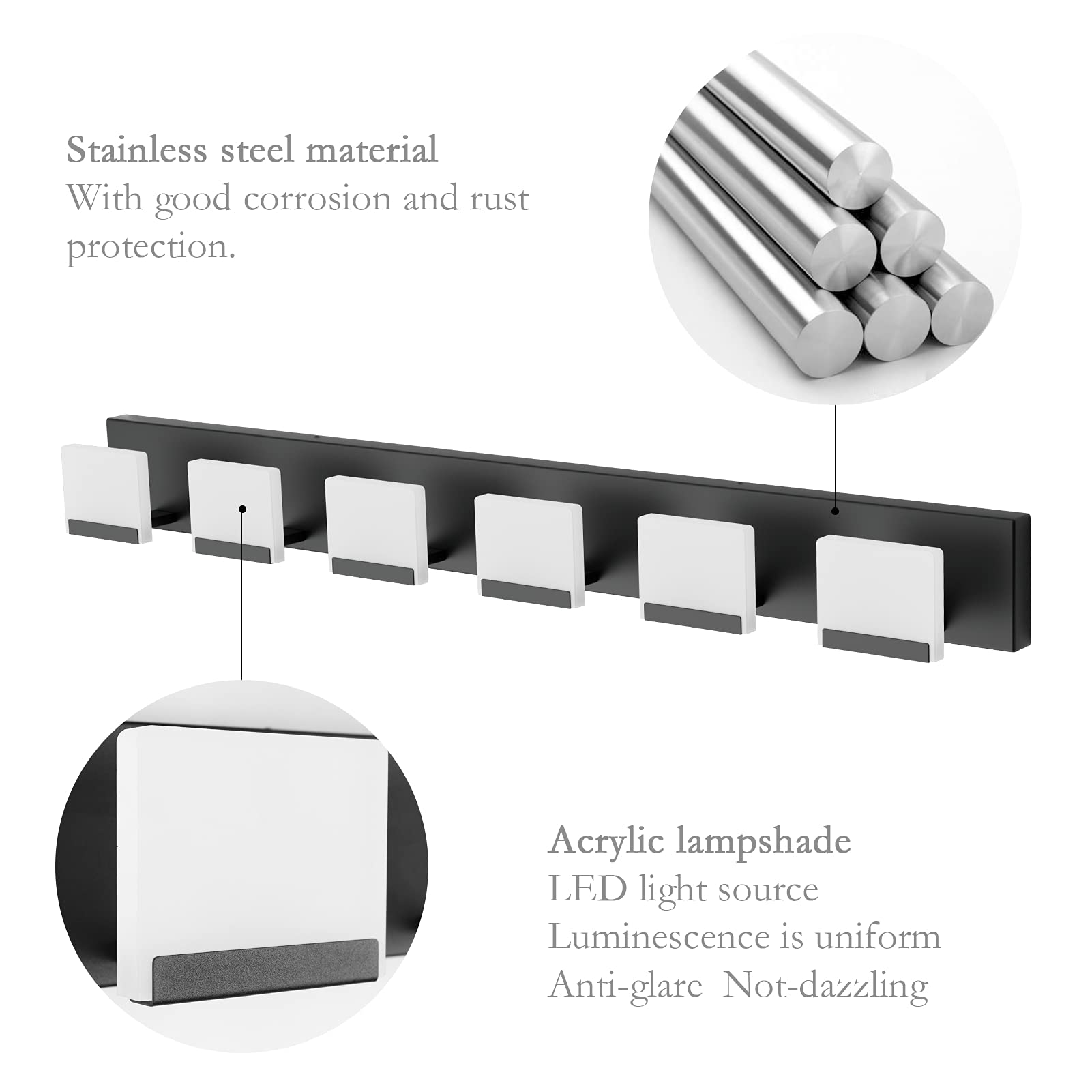 Ralbay LED Vanity Light 6-Light Acrylic Fixtures Matte Black Bathroom Lighting Model 8281-6T-black
