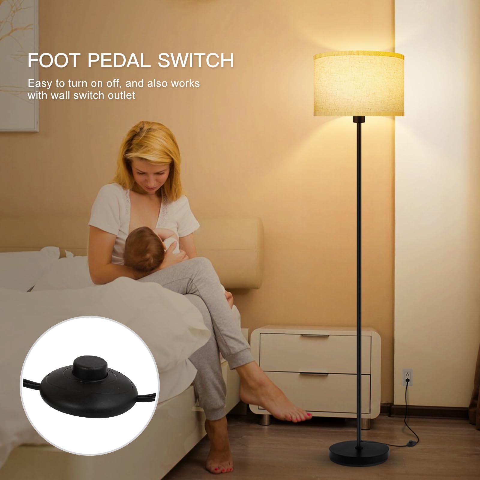 Floor Lamps For Living Room, 59'' Tall Lamp With Lampshade, Black Standing Lamp, 12W Led Floor Lamp, Foot Switch, Simple Pole La