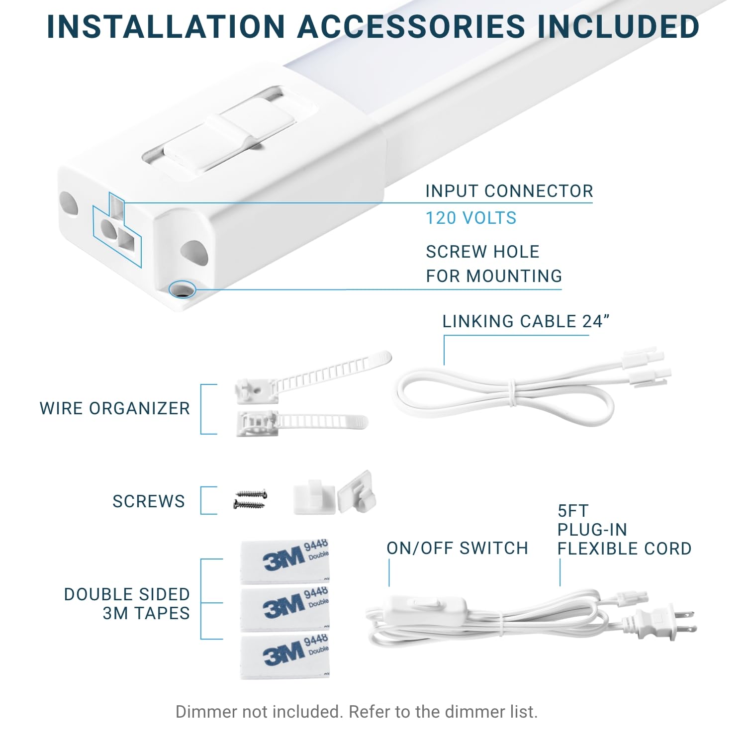 Parmida LED Under Cabinet Lighting Kit, 12 Inch, 5CCT Color Selectable, Dimmable, Linkable, Model PLED-UC120V-5KW-6P