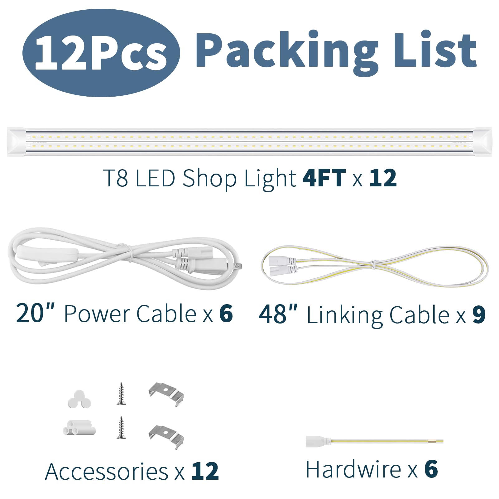 Suslum 12-Pack 4Ft Led Shop Light T8, 42W 6300 Lumen 5000K Daylight, Linkable With Plug Shop Lights For Garage Ceiling Workshop