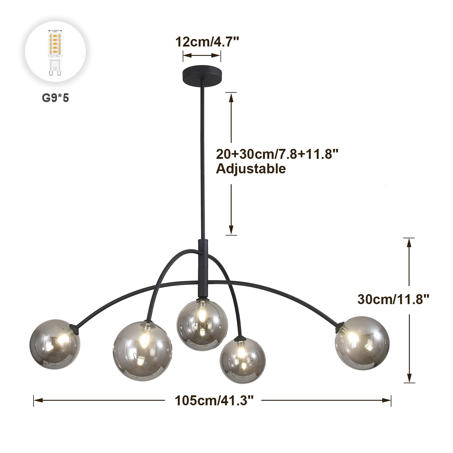 Fulesi Mid Century Modern Chandelier Black 5 Light Industrial Pendant Light Fixture Vintage Smoke Gray Globe Glass Sputnik Chand