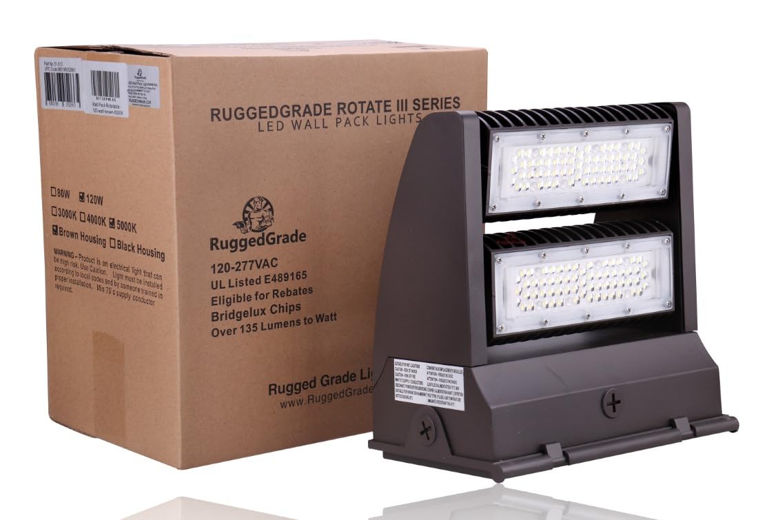 Ruggedgrade 11,100 Lumen - 80 Watt Rotate Iii Series Led Wall Pack - 5000K - High Efficiency 140 Lumen To Watt - Brown