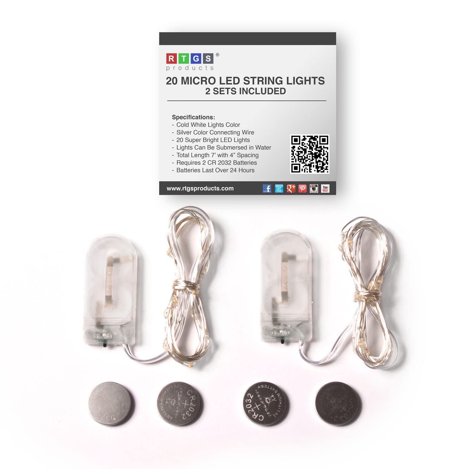 RTGS Cold White LED String Lights, 2 Sets of 20 LEDs, 6.5 ft Silver Wire, Battery Powered for Indoor/Outdoor Use
