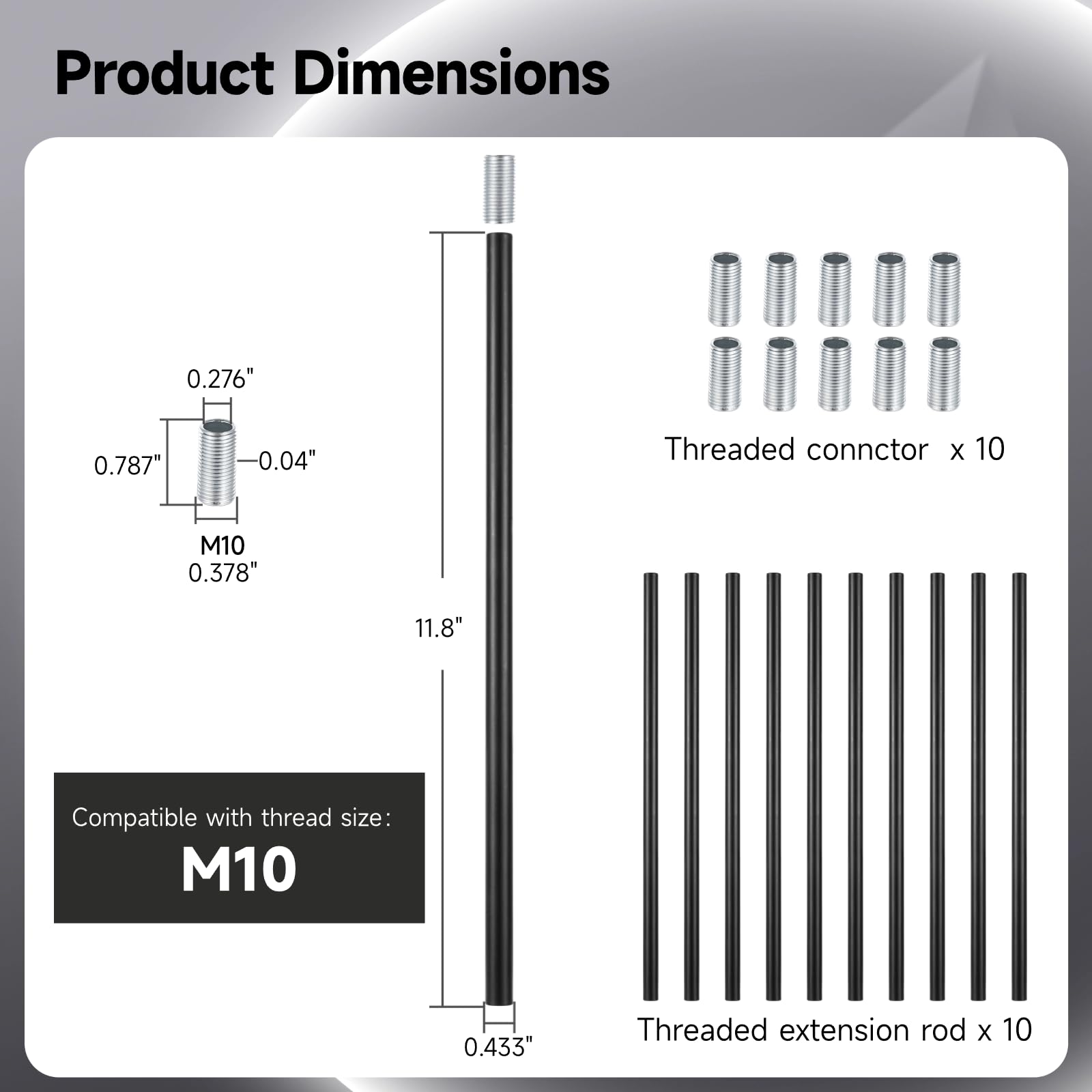 Lnrueg Threaded Extension Rods, 12-Inch Black, 10 PCS for Pendant Lights & Chandeliers