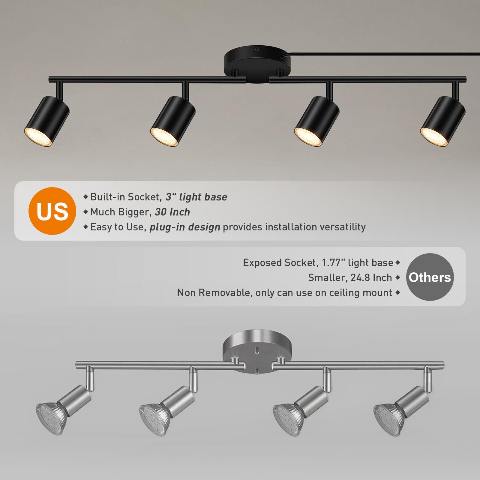 AUQUEE LED Track Lighting Fixtures - Black 4-Light Kit, Metal, Plug-in with 14.8ft Cord, Rotatable Ceiling Spotlight, Model C0105