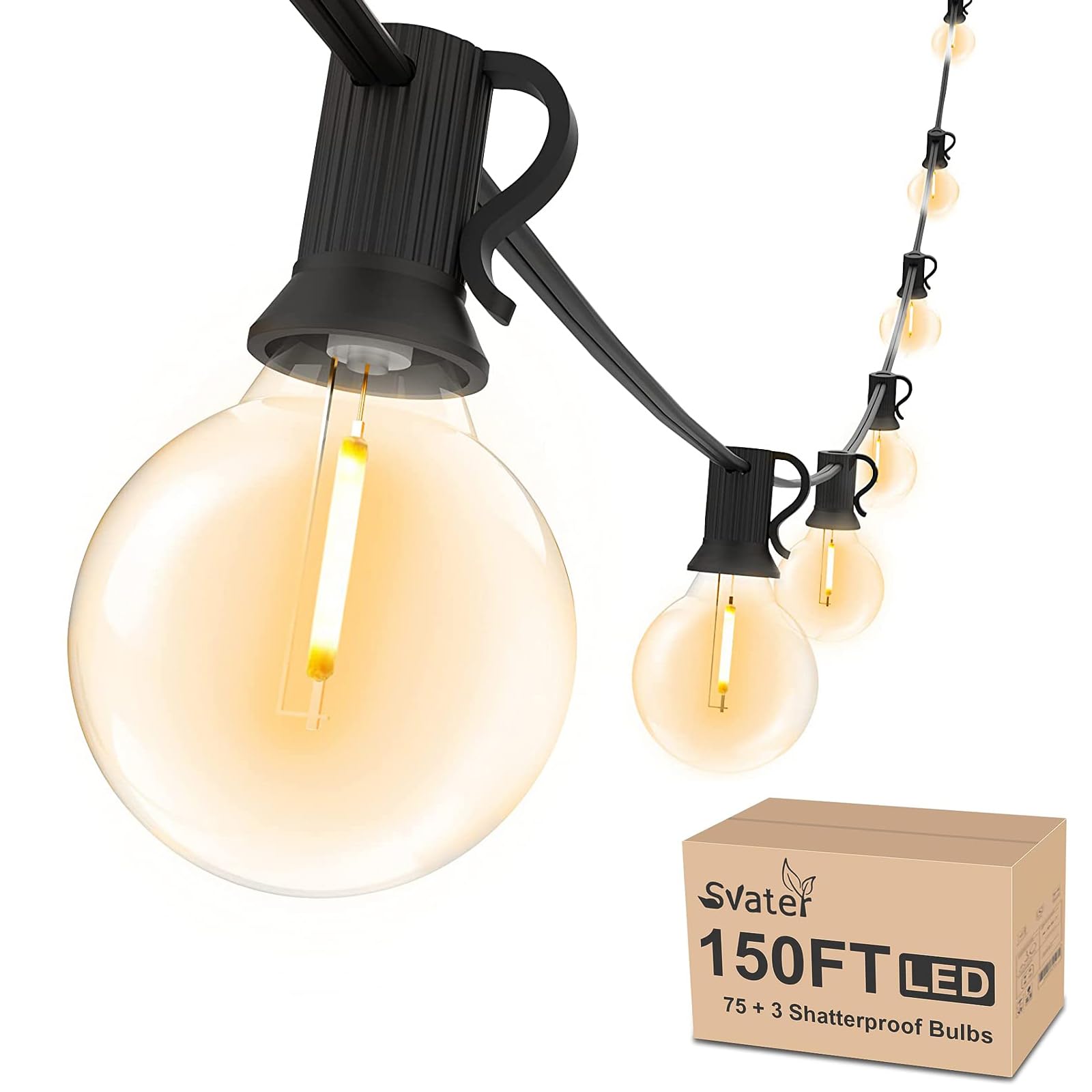 Svater Outdoor String Lights, 150FT, 75+3 Shatterproof LED Bulbs, Dimmable Warm White, Black Plastic Hanging Globe Lights