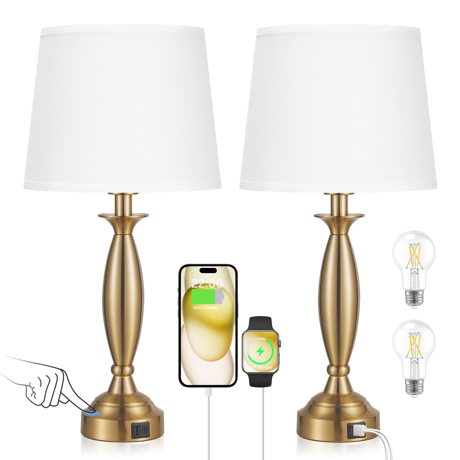 White Gold Lamps for Bedrooms Set of 2 - Touch Control Bedside Lamp with USB C+A, 3 Way Dimmable Nightstand Lamps with USB Port,