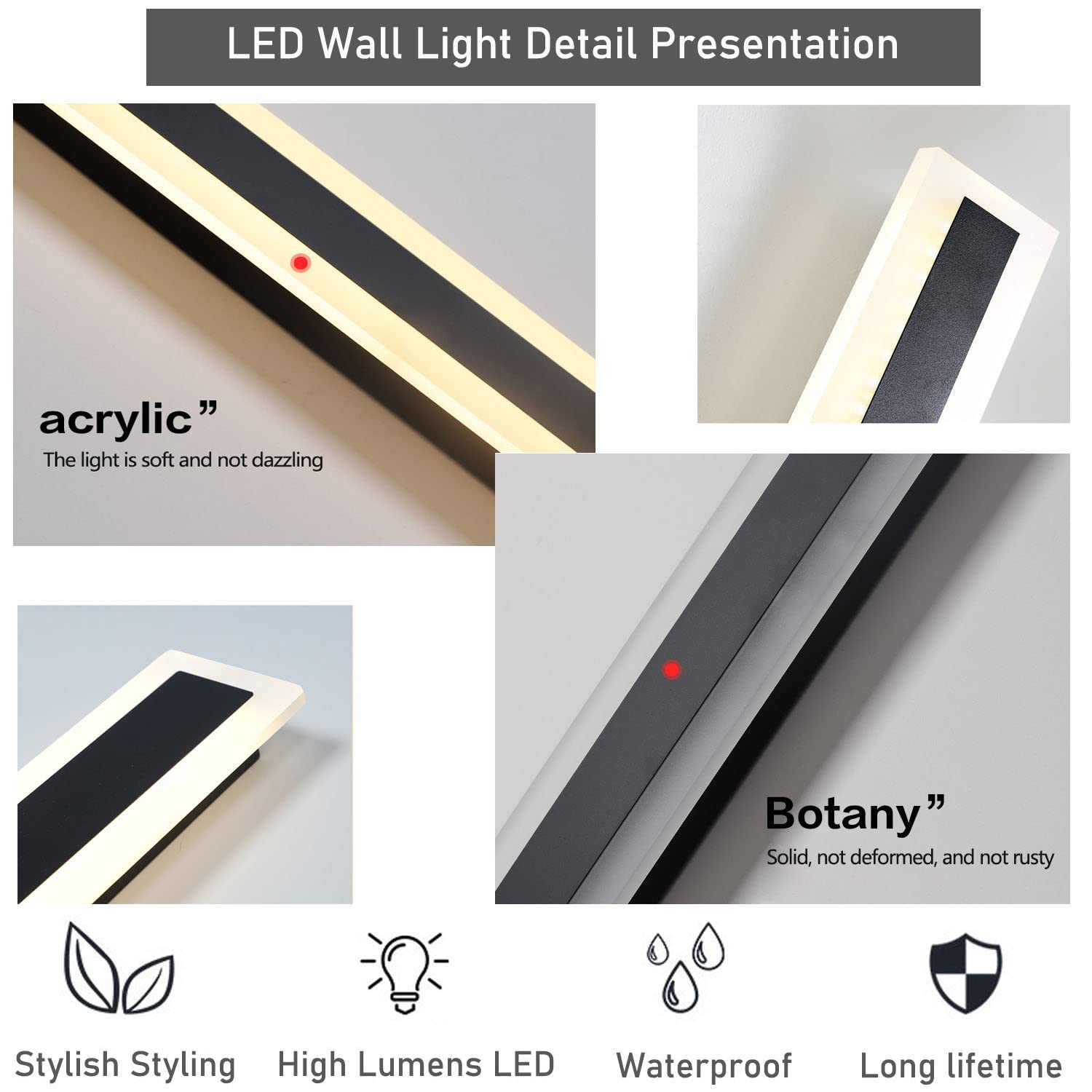 2Pack-79Inch Long Outdoor Modern Led Wall Light,65W Waterproof Ip65 Warm White 110V Led Wall Mount Lighting Fixture Rectangular Black Wall Lights Elegant Frosted White Acrylic Anti Rust