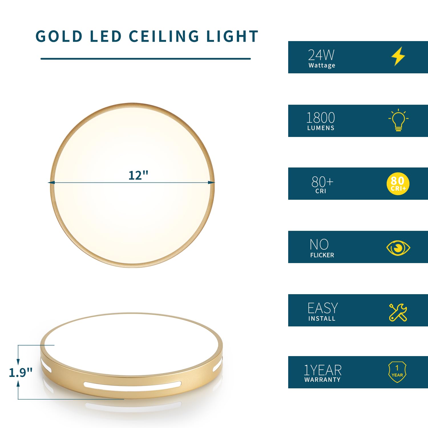 Wheatronic Gold Flush Mount Ceiling Light Fixture Led,24W Bathroom Light Fixture Ceiling Mount Dimmable Set Of 3,12 Inch Close To Ceiling Light Fixture 5Cct For Kitchen, Bedroom, Living Room