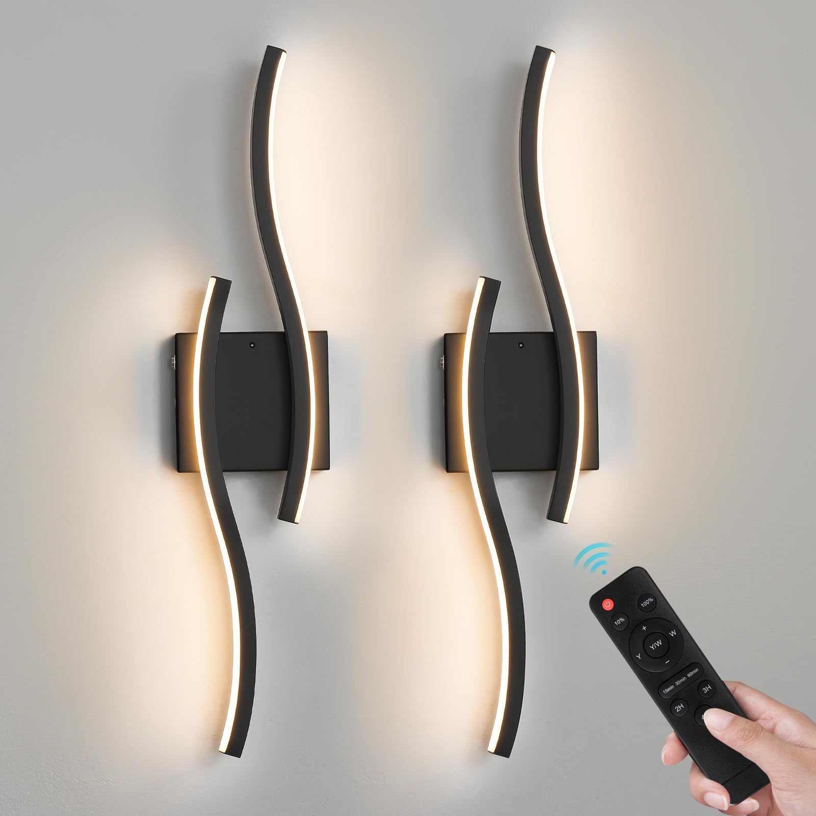 WOSHITU Black Battery Operated Wall Sconces: 23.6 Inch Rechargeable Sconce Wall Lighting Set of Two with Remote & 3CCT Dimmable  Modern Cordless Wall Light for Bedroom Living Room Hallway Bathroom