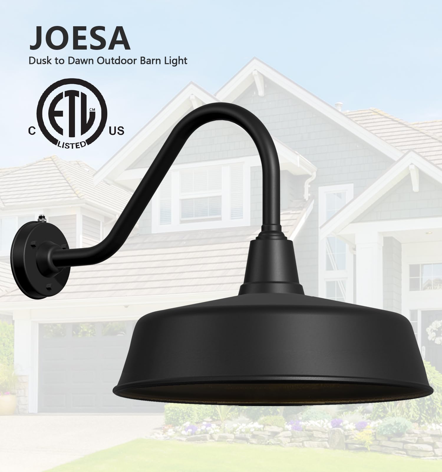 JOESA Extra Large 24 Black Barn Gooseneck Light - Dusk to Dawn Outdoor Fixture for Porch & Garage Doorway