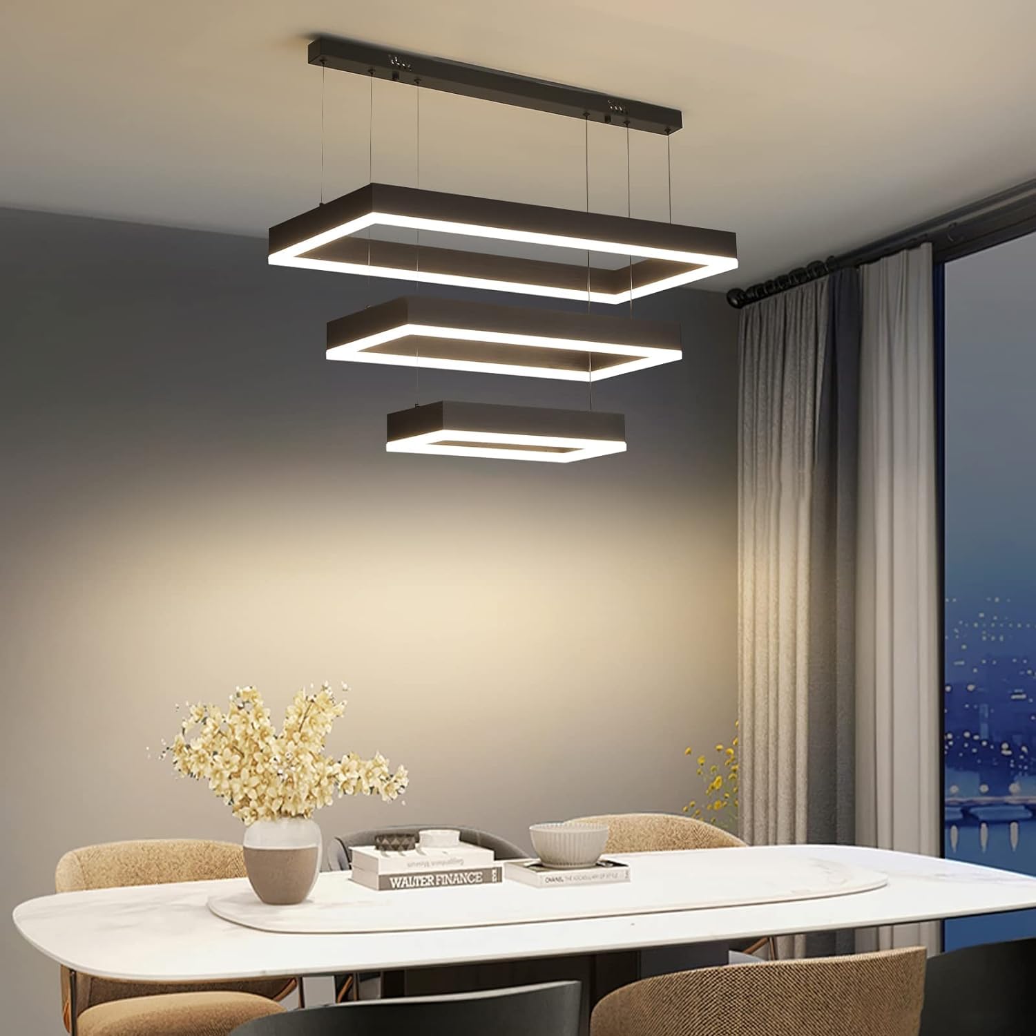 Matven Modern 3-Ring LED Pendant Light Fixture, Adjustable Height, Black, 15.7+23.6+31.4in, Remote Control Dimming for Living Room
