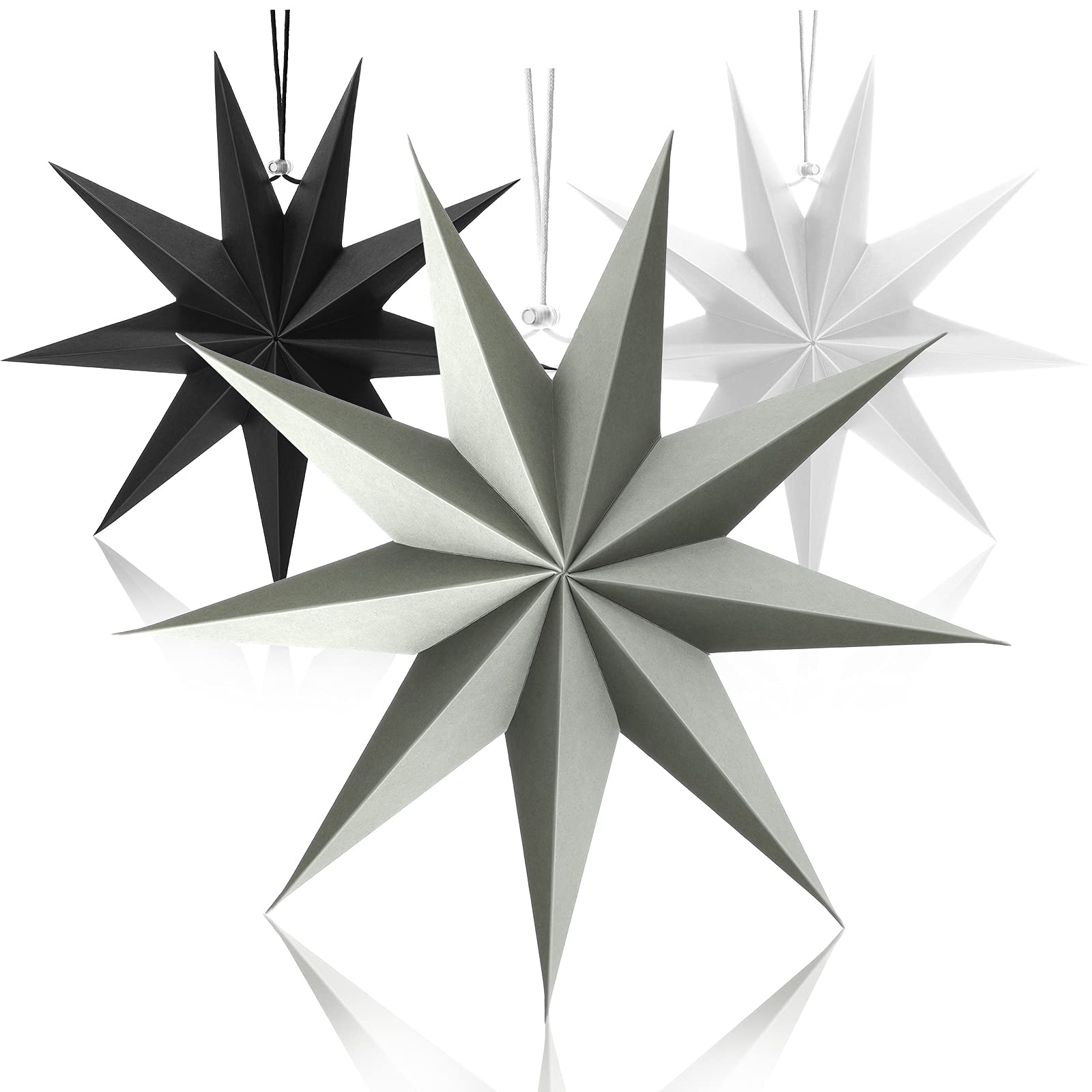 3 Pcs 9 Pointed Paper Star Lanterns 12 Inch Hanging Lampshade Paper Pendant Charm Star Shape for Christmas Holiday, Weddings, Bi