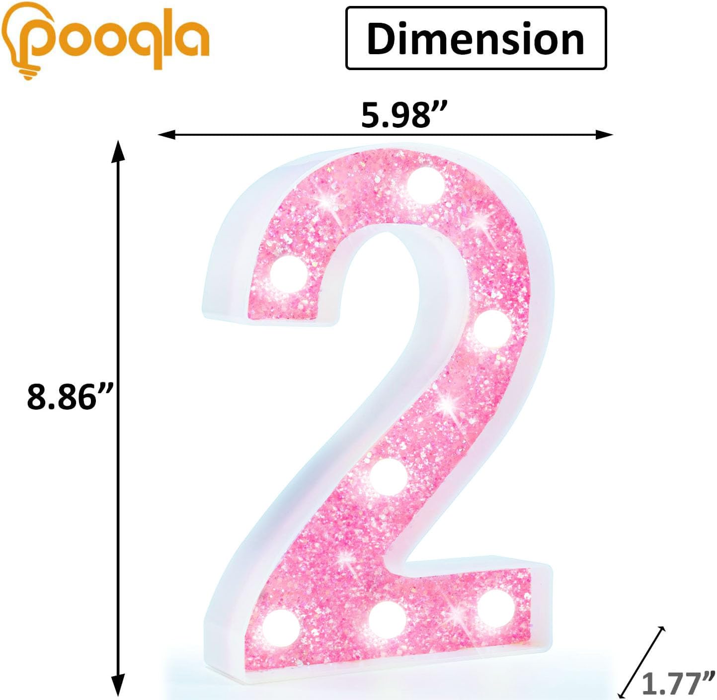 Pooqla Marquee Number Lights  Pink Light Up Numbers For Girls 2Nd 12Th Birthday  Battery Powered Glitter Number Night Light Gift For Christmas Bedroom Dorm Party Decoration  Cool White Number 2