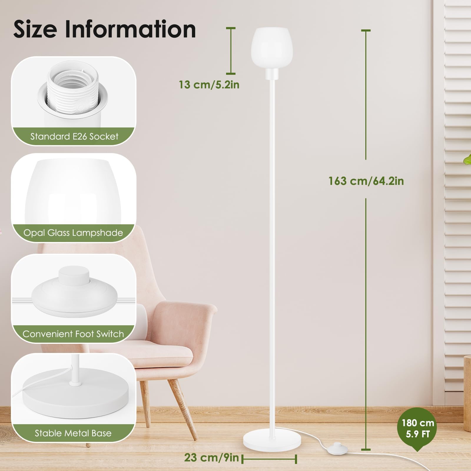 Floor Lamp For Living Room With 3 Color Temperatures, Standing Lamp With White Opal Glass Lampshade, Modern Tall Lamp With Foot Switch, Pole Lamp For Office Bedroom Dining Room, 9W Led Bulb Included