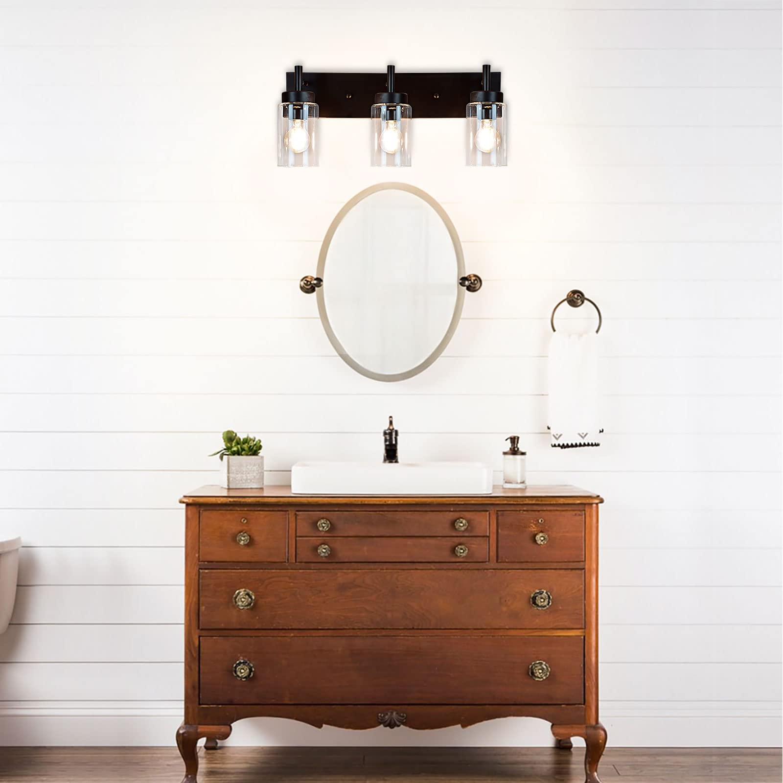Dinglilighting Vintage 3-Light Wall Sconce, Black Metal Bathroom Vanity Light With Clear Glass Shades, Model Ws-Fnw2-60B