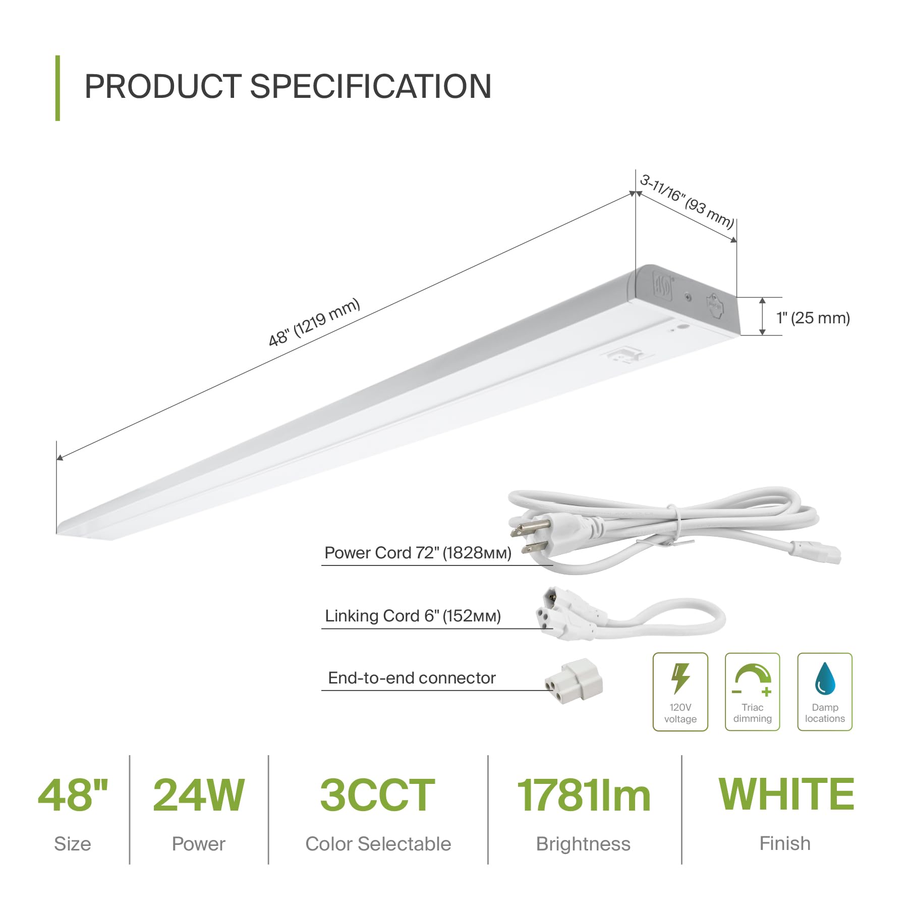 Asd Led Under Cabinet Lighting, 48 Inch, Dimmable, Hardwired/Plug-In, 3 Color Levels, Aluminum, White Finish, Model A-Ucl-48D24Cc-W