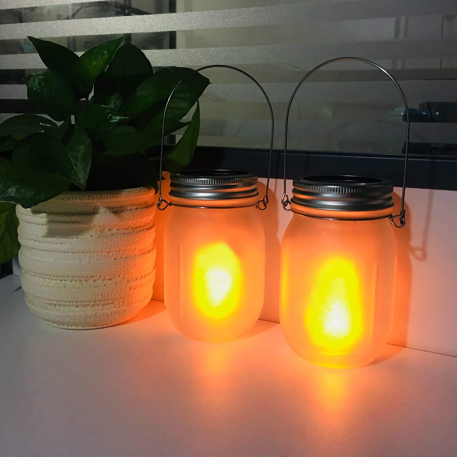 Aubasic Solar Mason Jar Flicker Lights, 4 Pack Metal Hanging Lanterns, Dusk to Dawn Auto On/Off, Outdoor Torch Decoration
