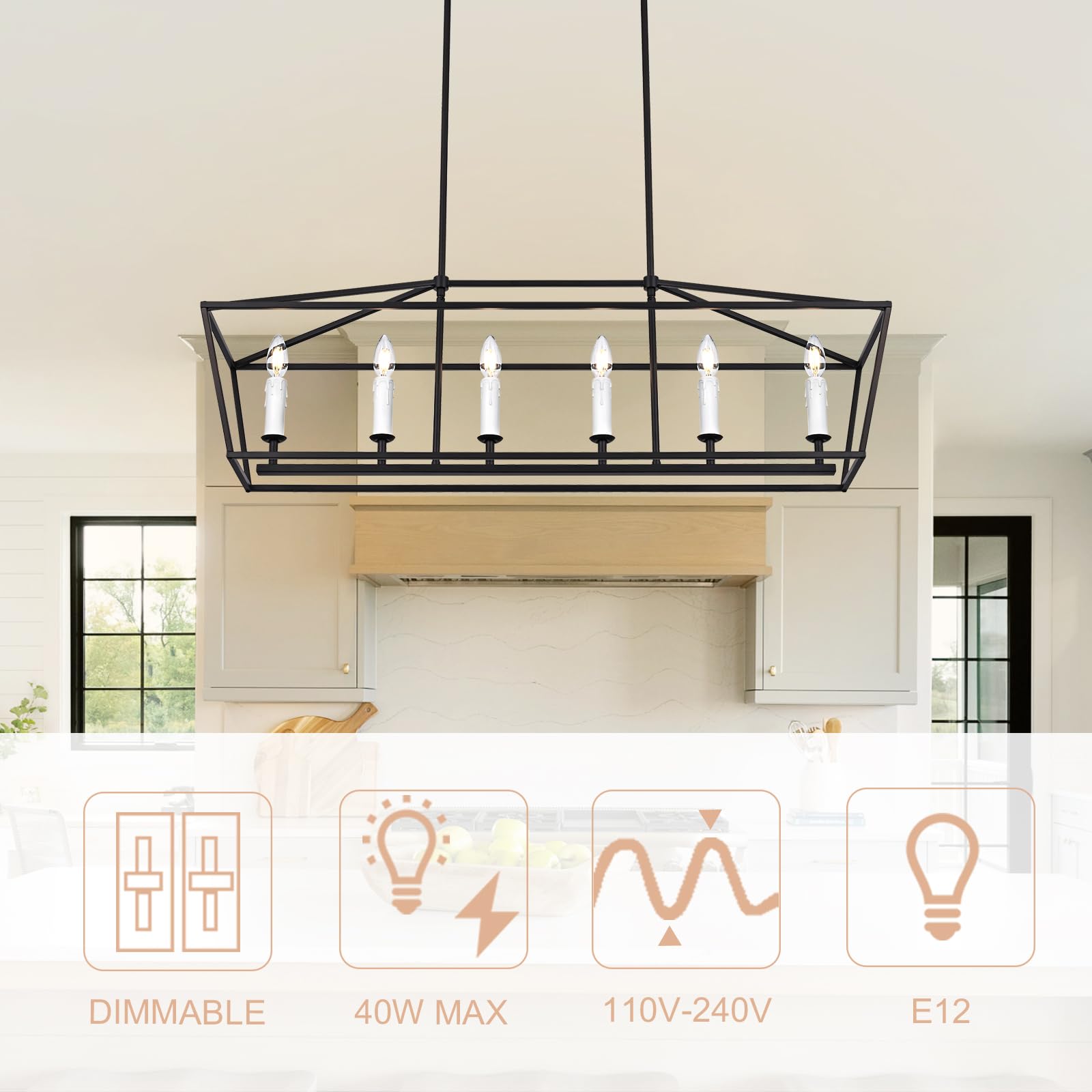 Winshen 6-Light Black Island Lighting  Industrial Pendant Light Fixtures Candle-Style For Kitchen Dining Room Living Room  E12 Bulb Base