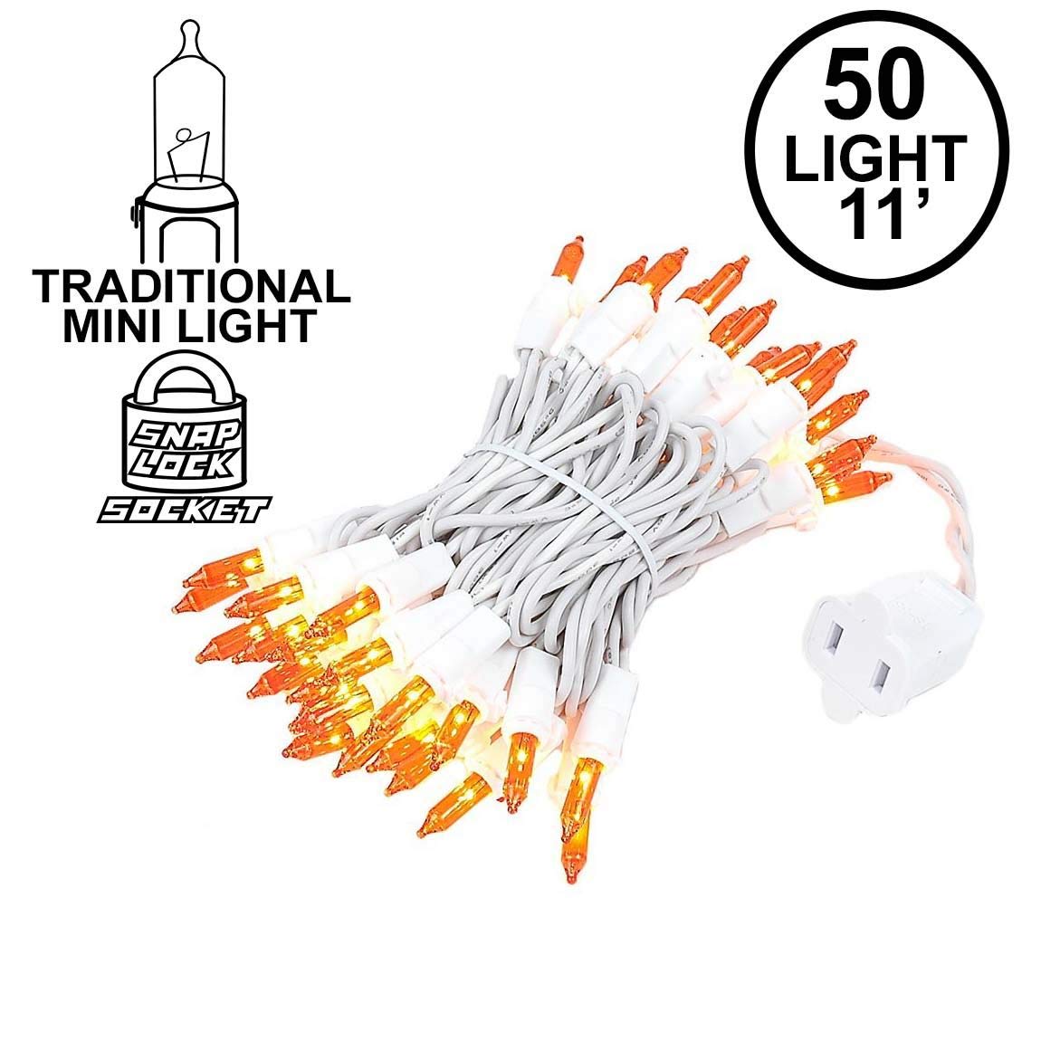 Novelty Lights 50 Light Amber Christmas Mini String Light Set, White Wire, Indoor/Outdoor Ul Listed, 11' Long