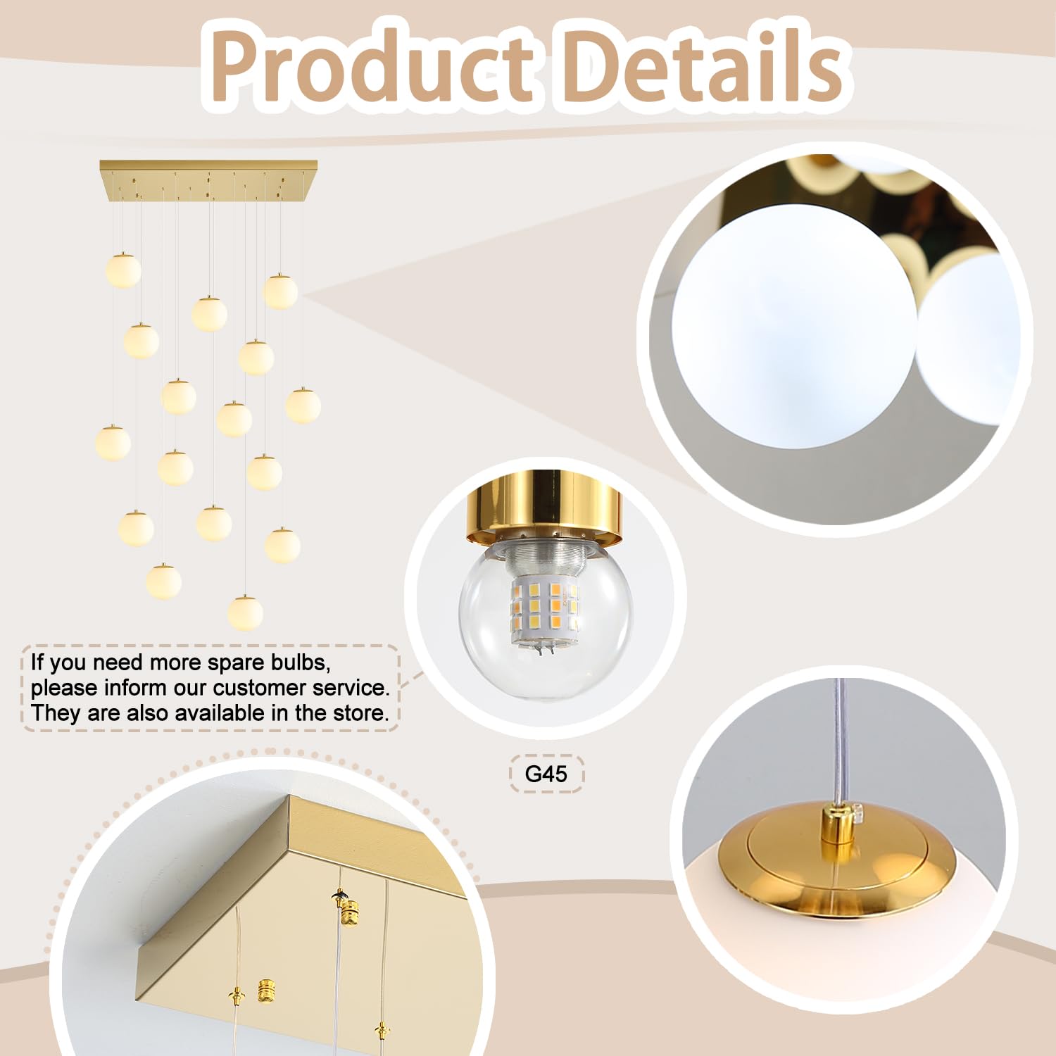 ykolupty 16-Light Gold Chandelier, White Globe Glass, Dimmable Ceiling Light, Metal, for Kitchen Island & Dining Room, Model TP3016-RB-16J-CT
