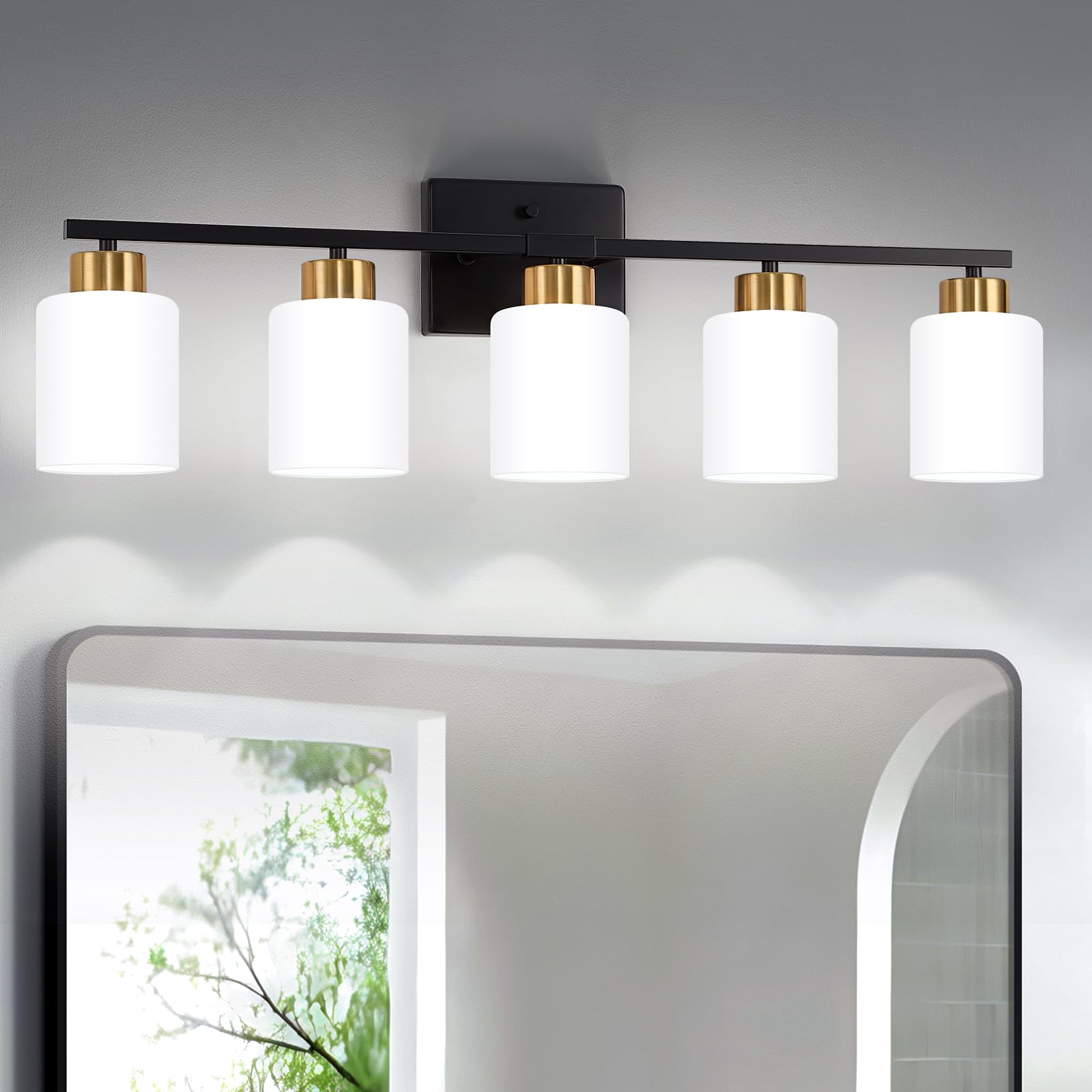 Fonmyim Black And Gold Bathroom Light Fixtures, 5-Light Modern Vanity Light Over Mirror, Wall Sconces With Milky White Frosted G