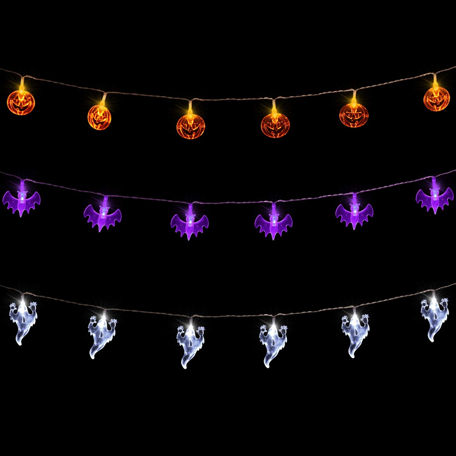 Aostar Set Of 3 Halloween Lights (20 Leds Orange Pumpkins, Purple Bats, White Ghosts), Battery Operated String Lights For Halloween Decorations Outdoor & Indoor