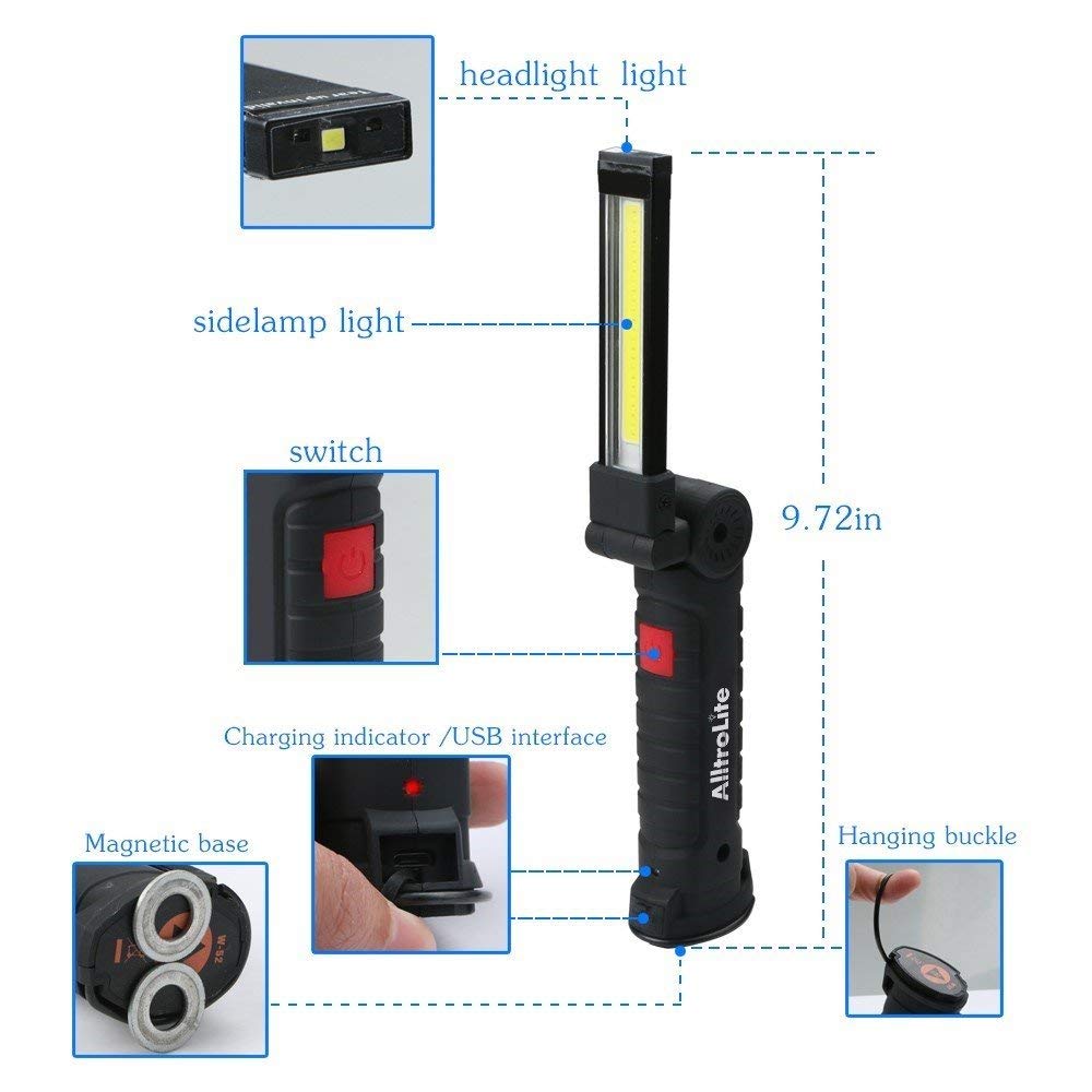 Alltrolite Rechargeable Flip Led Work Light | Cob Led Flashlight With 360° Rotation, 5 Modes, Magnetic Base & 3000Mah Battery | Inspection Light Ideal For Car Repair, Workshop, Garage, Camping