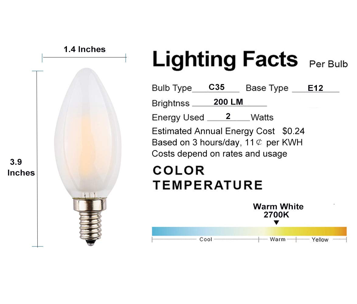 Opalray C35 2W (25W Incandescent Equivalent) Torpedo Tip Candelabra Led Bulb, Dimmable, Led Filament Lamp, 2700K Soft Warm White
