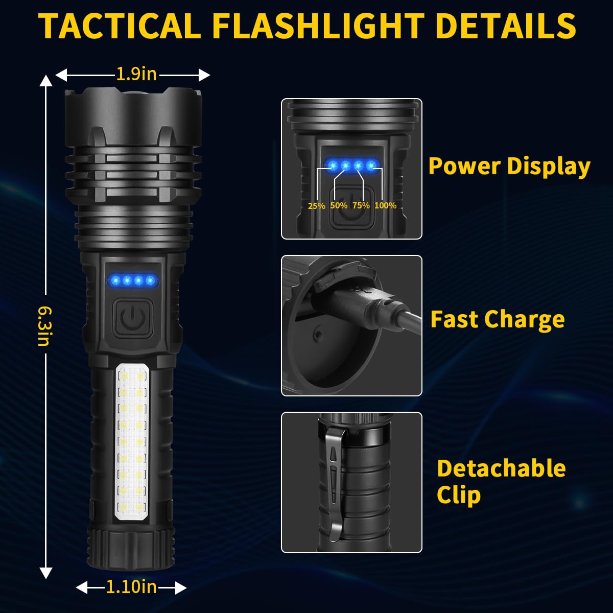 Rechargeable Flashlights High Lumens, 7Mode Flashlights Rechargeable, Super Bright Flashlight, Adjustable Tactical Flashlight, H