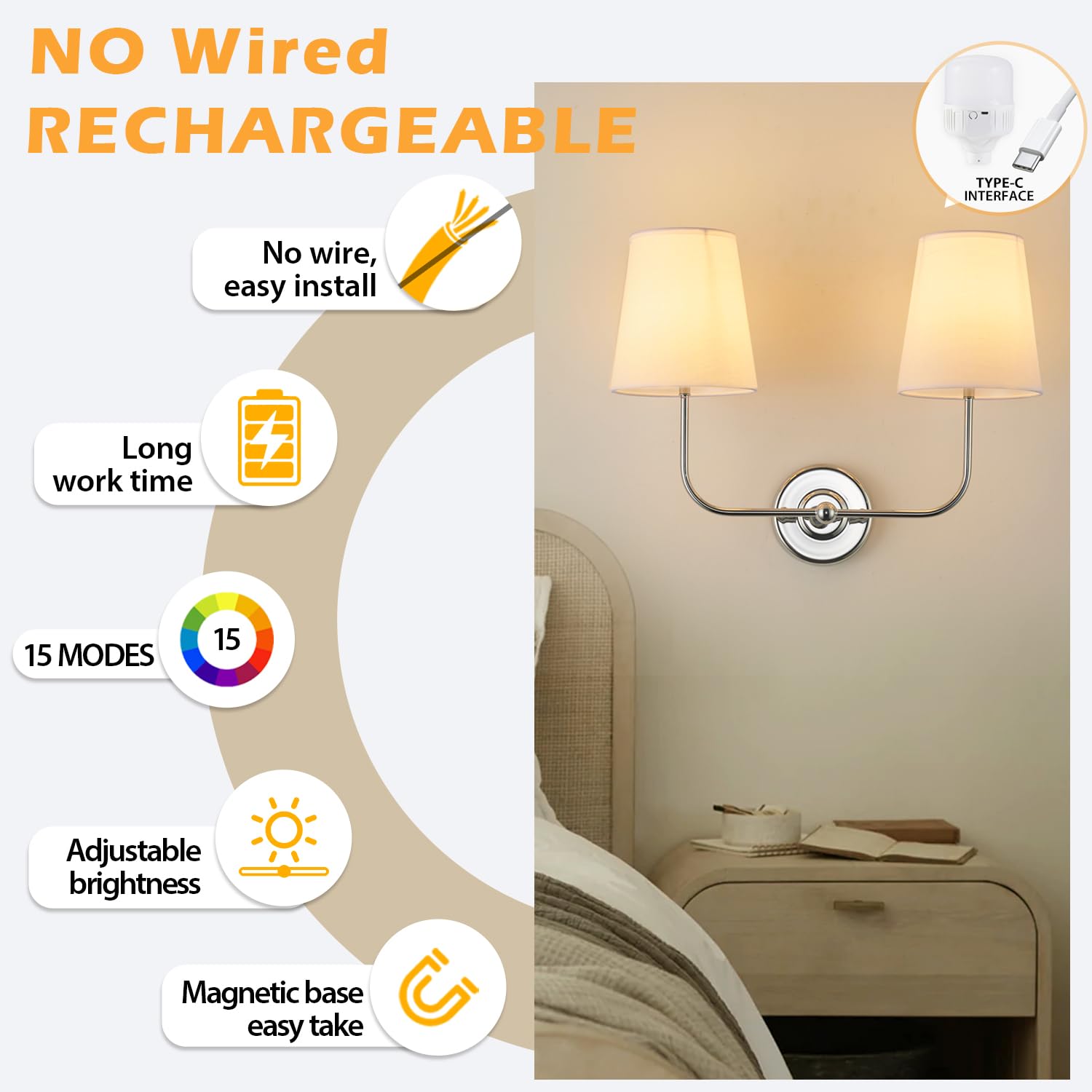 PASSICA DECOR Wall Sconce, 2 Lights, Wireless, Dimmable, Rechargeable, Polished Chrome, Model CA7010-05