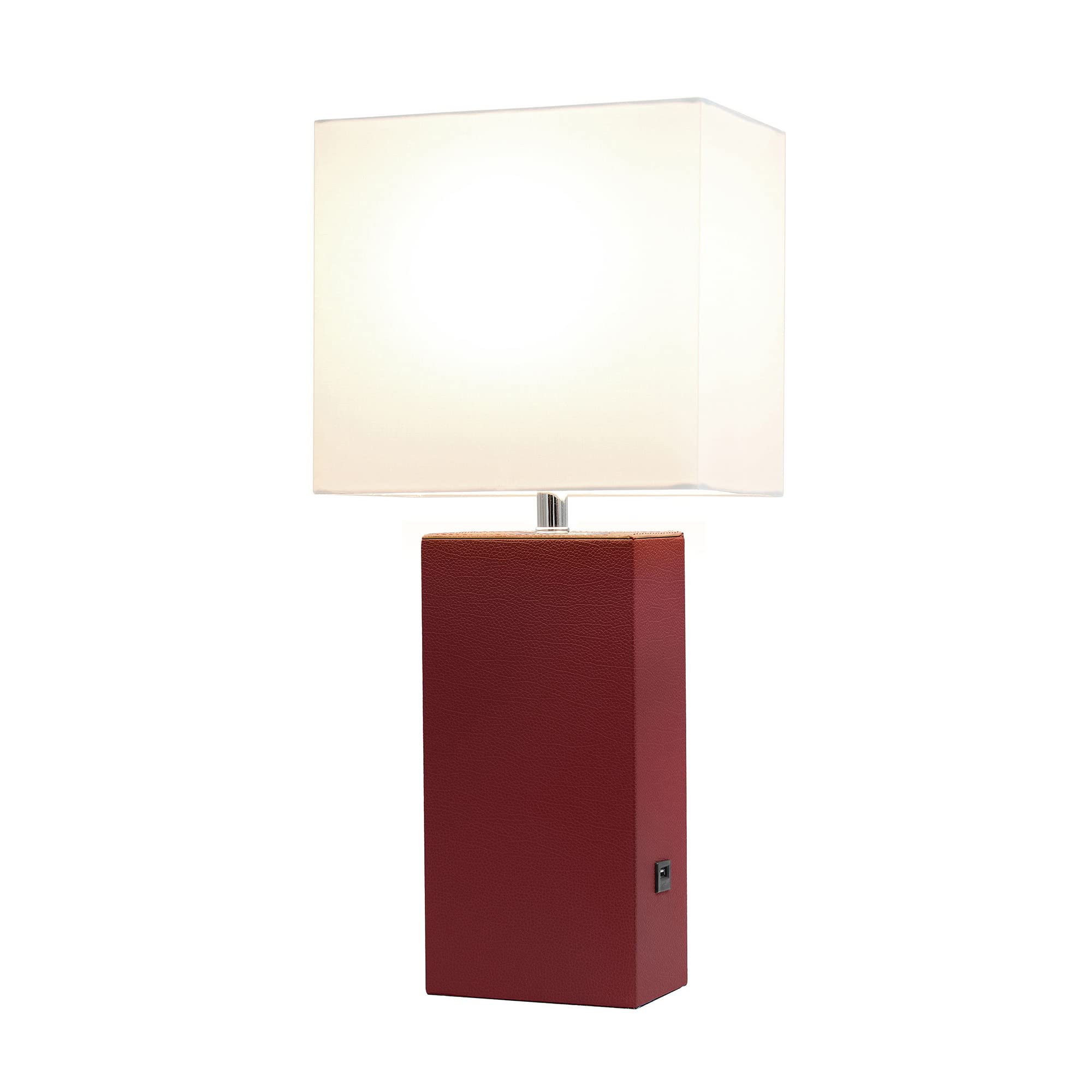 Lalia Home Red Leather Base Bedside Table Lamp With Usb Port & White Fabric Shade, 21&quot;