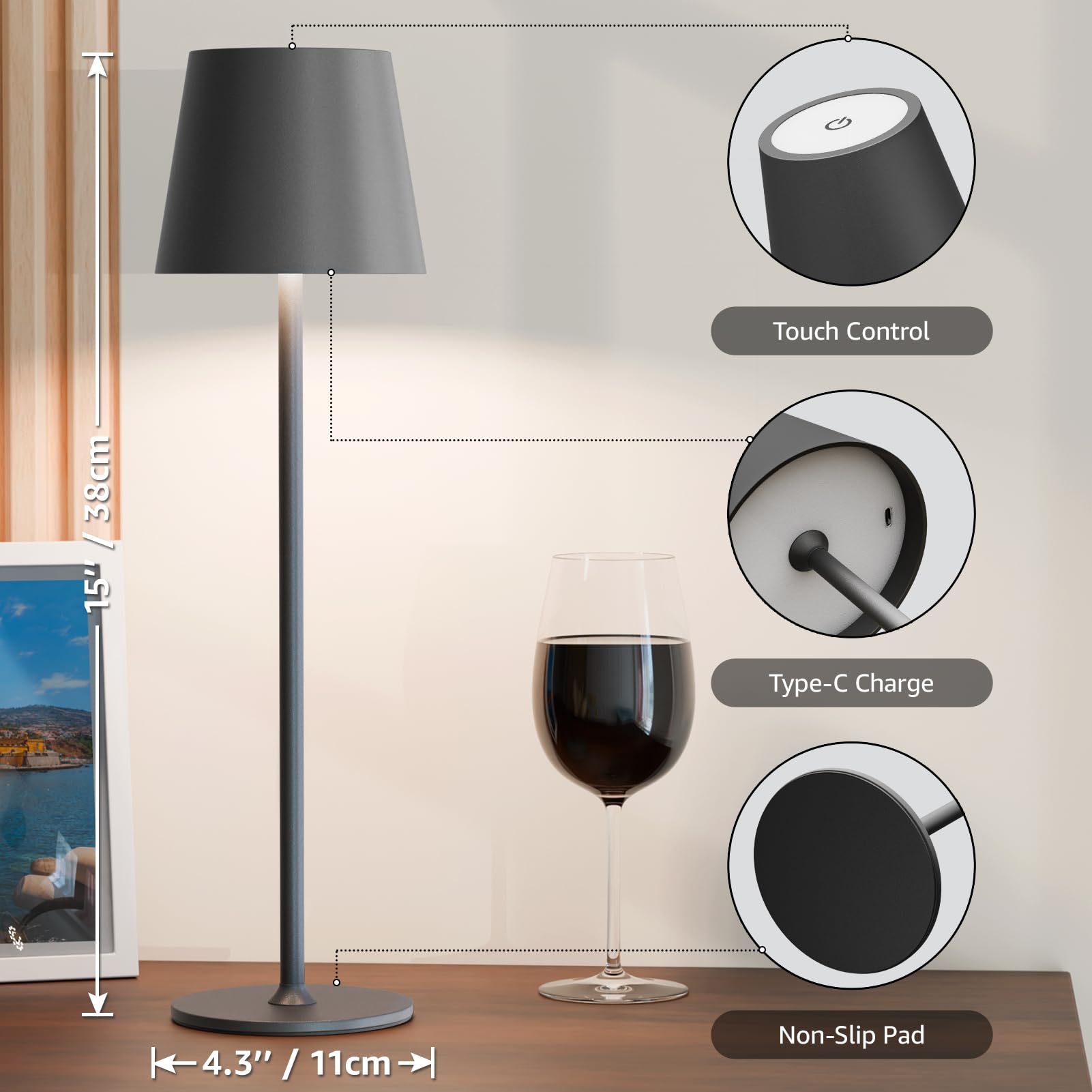 uuffoo Rechargeable Table Lamp 3 Pack, Metal, Small, Stepless Dimming, Black
