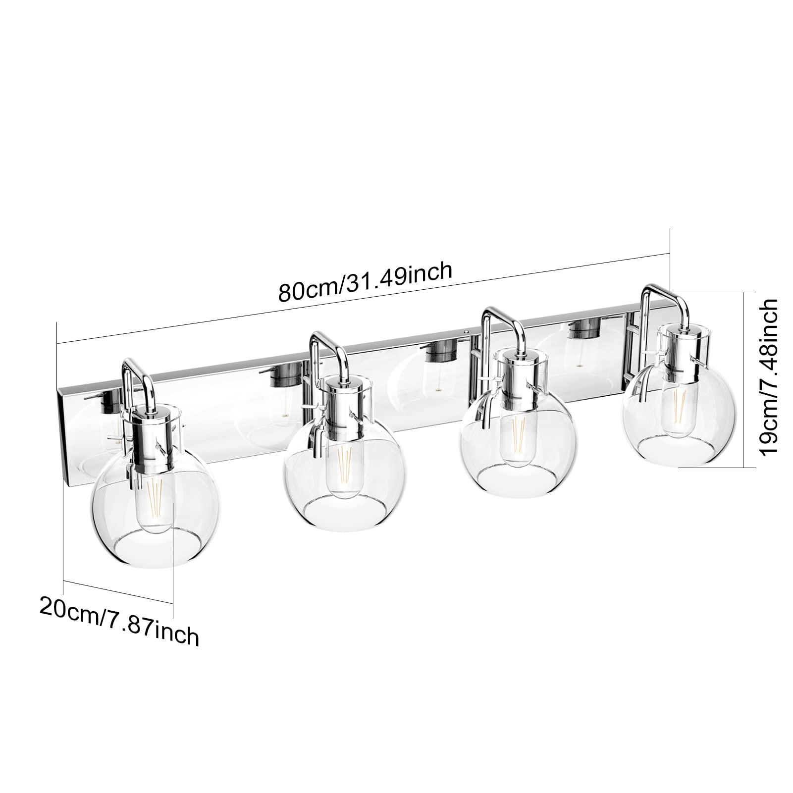 Tipace Chrome Bathroom Vanity Light Fixture, 4-Light Glass Globe, Stainless Steel, Model L-7491, Farmhouse Style
