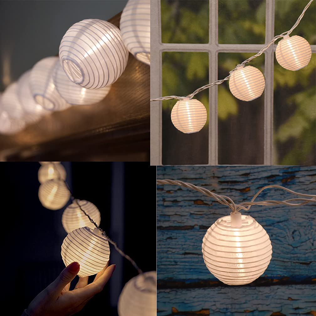 White Lantern String Lights Plug In, 8.5Ft Hanging Indoor Decorative String Lights With 10 Cute White Nylon Lanterns Lights Connectable For Indoor Outdoor Bedroom Ramadan Backyard Patio Bistro Decor