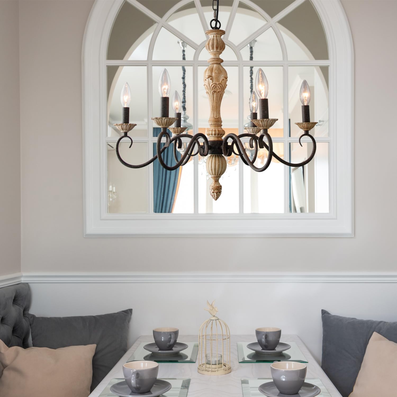 Cawabien 6-Light French Country Chandelier, Rustic Wood Finish, 23.3" Diameter, Ideal for Dining Room, Living Room, Kitchen, Brown Model ZR2996