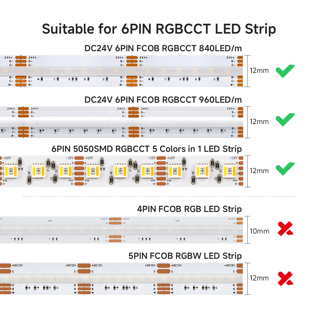 Btf-Lighting 10 Pairs 15Cm 6Pin Jst Sm Male/Female 24Awg Wire Cable Connector Plug For Flexible 5050 Rgbww Rgbcct Smd Fcob Led S