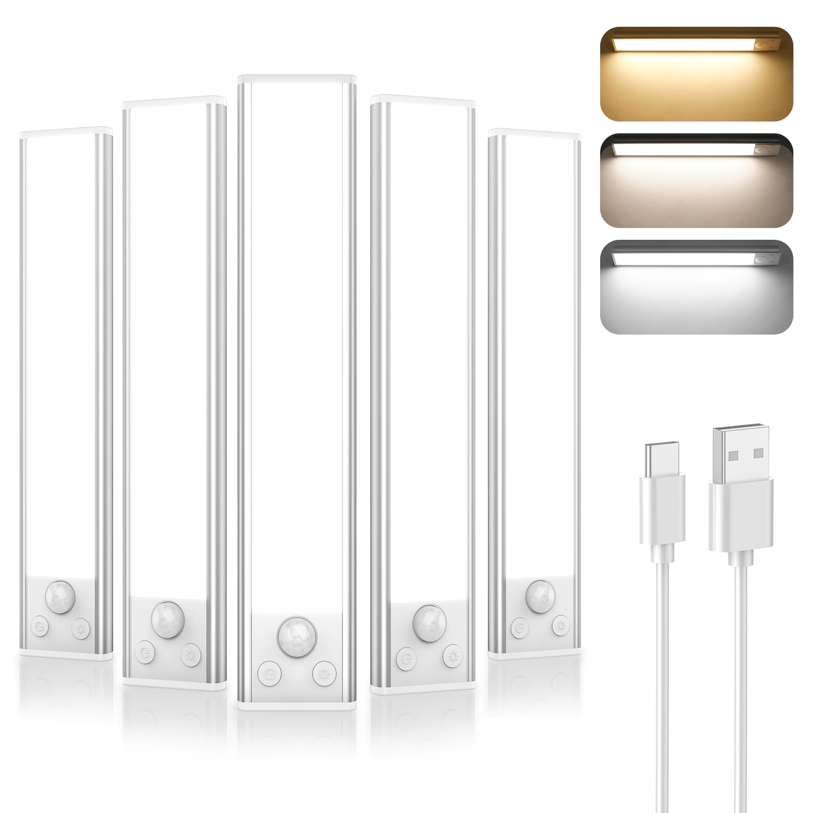 Brightever 5-Pack Under Cabinet Lighting, Rechargeable, Dimmable, 8 inch, Acrylic, 3CCT, Model YS-CGD20-02