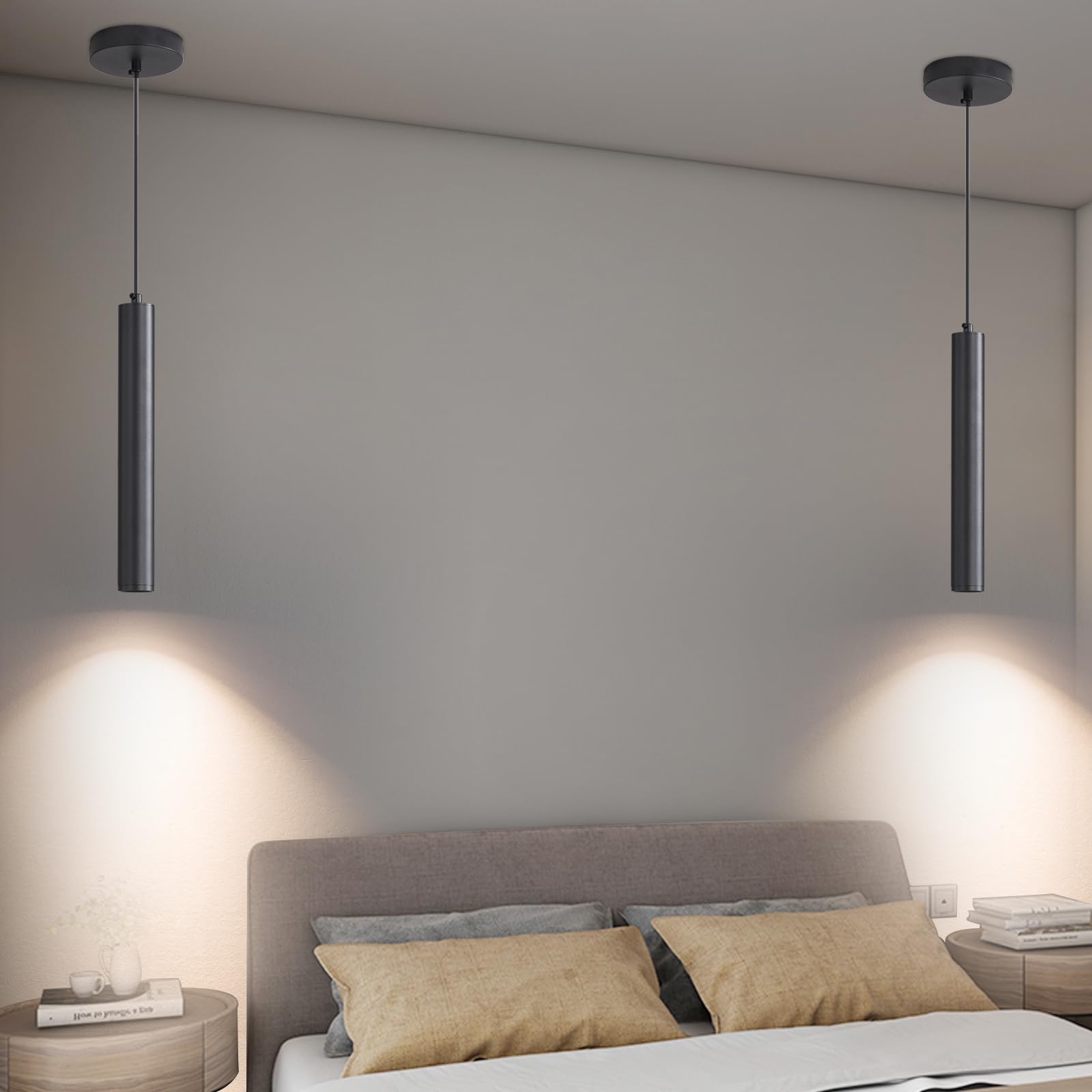 Daoseolo 2 Pack Mini Kitchen Island Pendant Light  Led Minimalist Ceiling Hanging Light  3 Color 3000K/4500K/6500K  Adjustable Height  Black Modern Linear Lamp Lighting For Dining Room  Bedroom  Bar