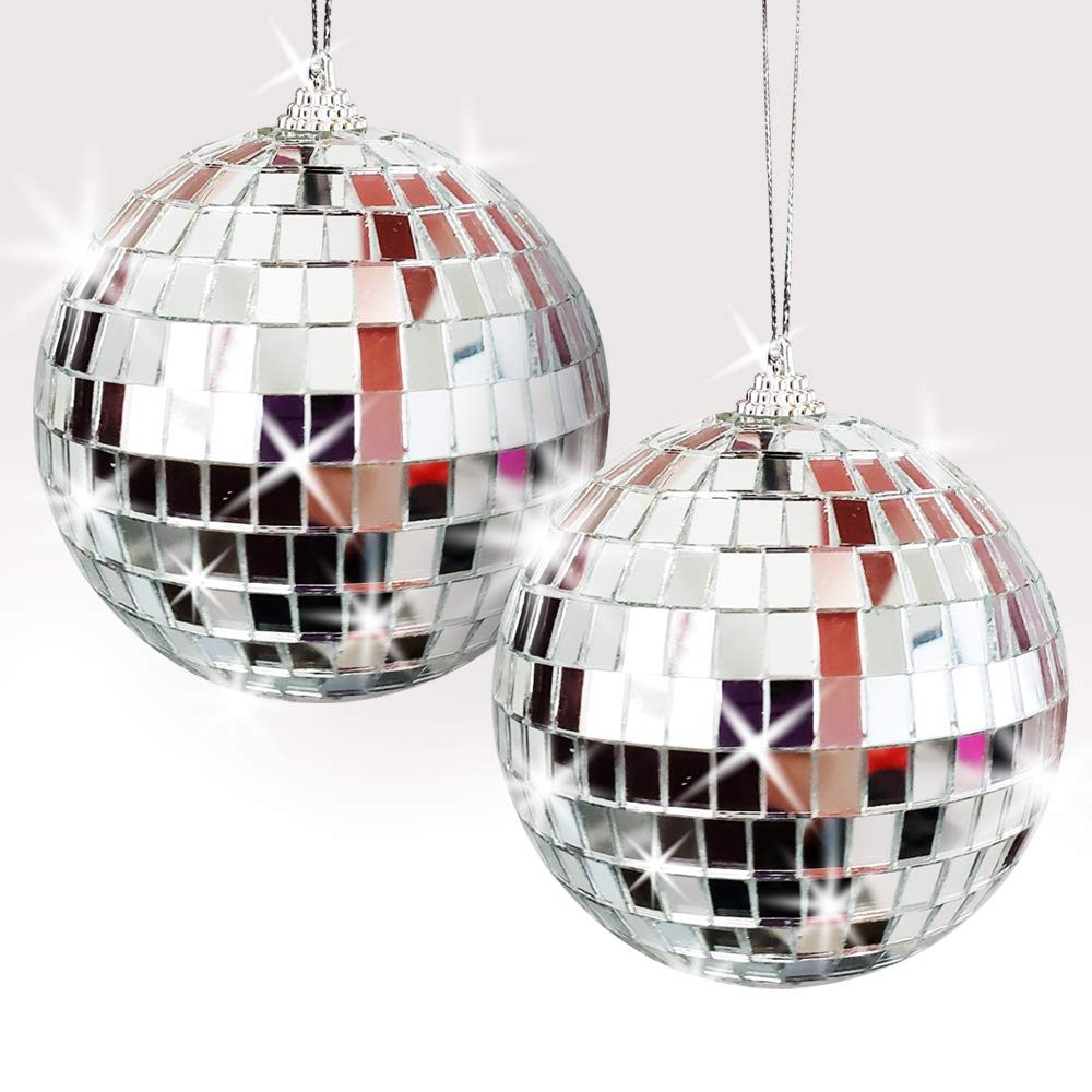 Artcreativity 4 Inch Mirror Disco Ball, Set Of 2, Silver Disco Balls With Hanging String For Parties, Birthdays, & Weddings, 90’S Disco Party Decorations & Supplies, Ceiling Décor Disco Accessories
