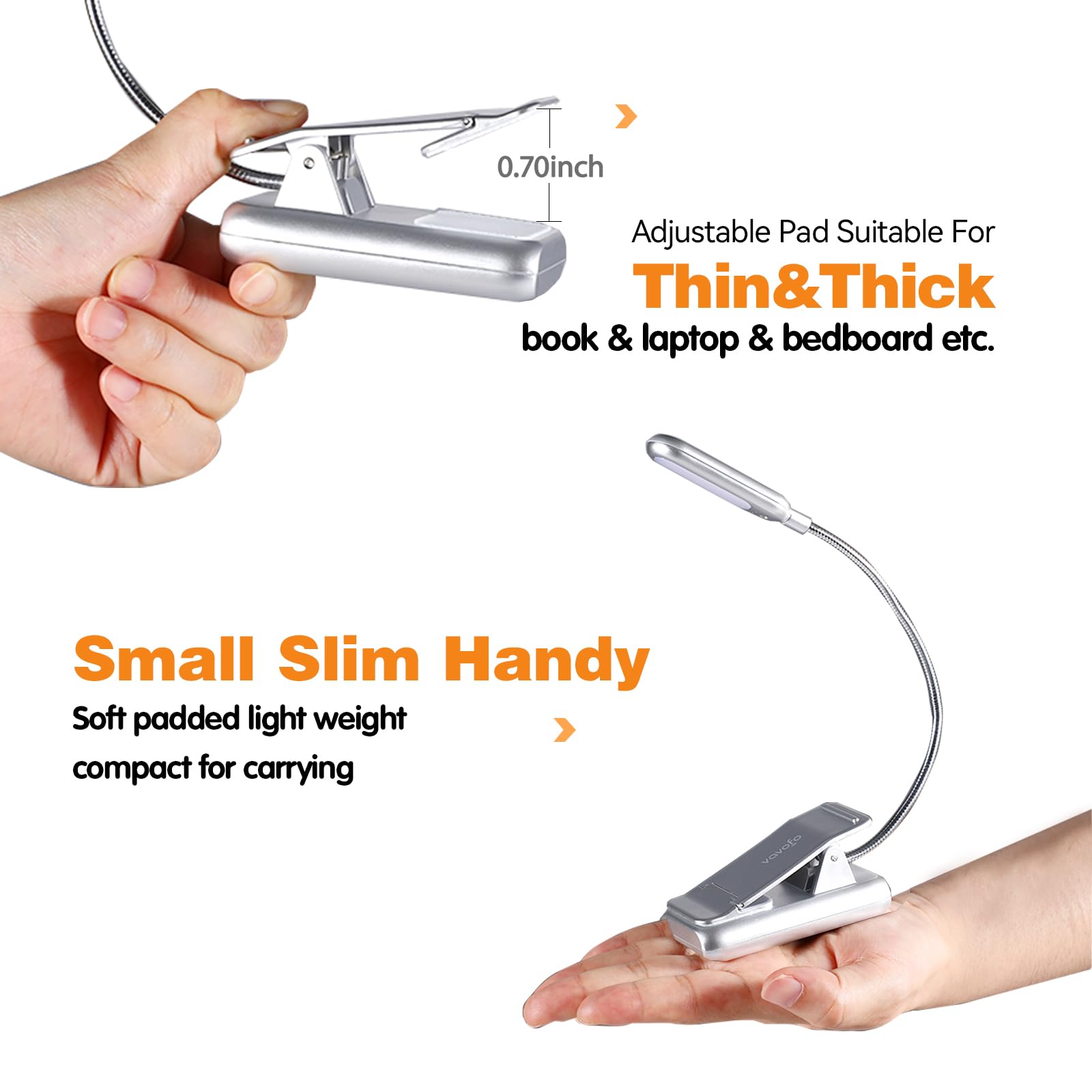 VAVOFO Rechargeable Book Light, 7 LED Eye Care Lamp, 9-Level Warm Cool White, Model KM-6720, Silver